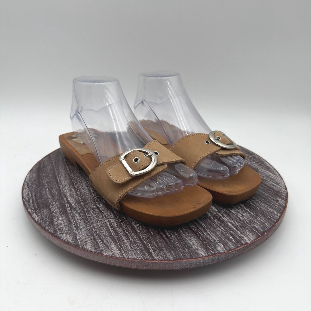 Charles David Sandals Womens Size  8 Tan Leather Wood Buckle Slide Italy Boho